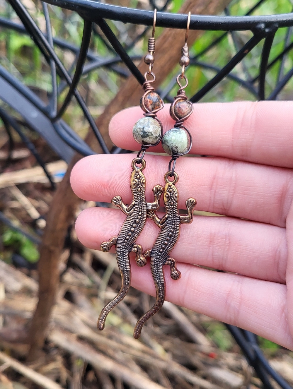 Rainforest Jasper , Leopard Skin Jasper And Lizard Charm Earrings